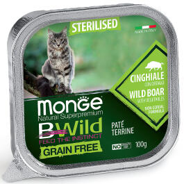 100гр Влажный корм Monge Cat BWild Grain Free Sterilised Boar/vegetables беззерновой для стерилизованных кошек с Кабаном и овощами, паштет
