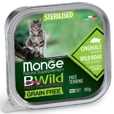 100гр Влажный корм Monge Cat BWild Grain Free Sterilised Boar/vegetables беззерновой для стерилизованных кошек с Кабаном и овощами, паштет