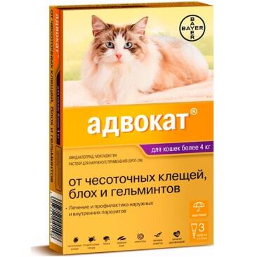 Капли на холку Bayer Адвокат Elanco от чесоточных клещей, блох и гельминтов для кошек более 4кг, 1шт*0,8мл