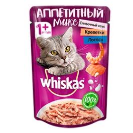 75гр Корм для кошек WHISKAS в сливочном соусе Лосось/Креветки