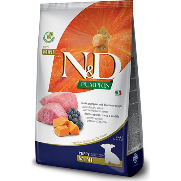 2,5кг Корм Farmina N&D Grain Free Pumpkin Dog Lamb & Blueberry Puppy Mini беззерновой для щенков мелких пород с Ягненком, черникой и тыквой