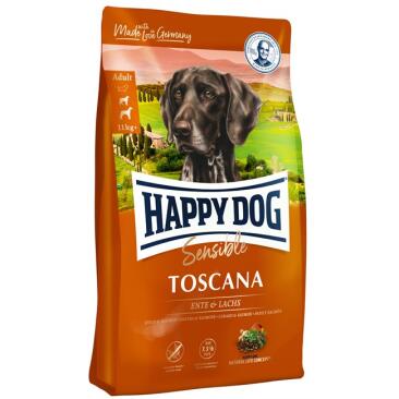 12,5кг Корм Happy Dog Sensible Toscana 24/7,5 гипоаллергенный для взрослых кастрированных кобелей и стерилизованных сук с чувствительным пищеварением, для контроля веса с Уткой и лососем