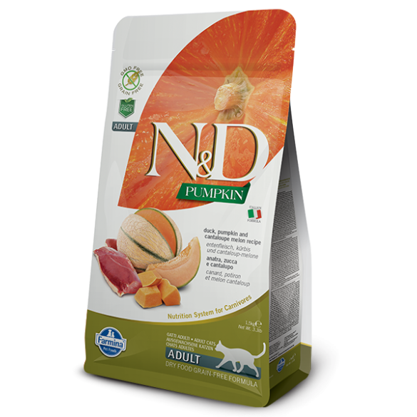 1,5кг Корм Farmina N&D Cat Pumpkin Duck & Cantalupe Adult беззерновой для взрослых кошек с тыквой, Уткой и дыней