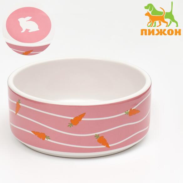 Миска керамическая ПИЖОН "Зайчик с морковками", 300мл, 13*13*5cм, розовая