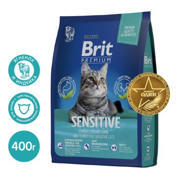 400гр Корм Brit Premium Cat Sensitive для кошек с чувствительным пищеварением с ягненком и индейкой