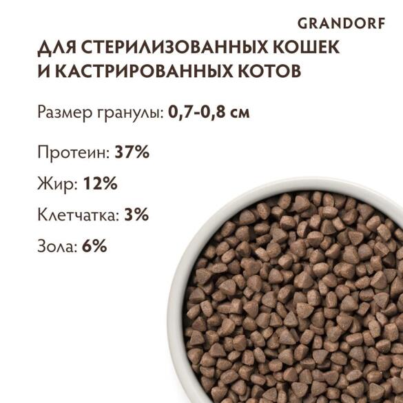 0,4кг Корм GRANDORF CAT Rabbit&Turkey STERILISED низкозерновой для стерилизованных кошек, Кролик с индейкой