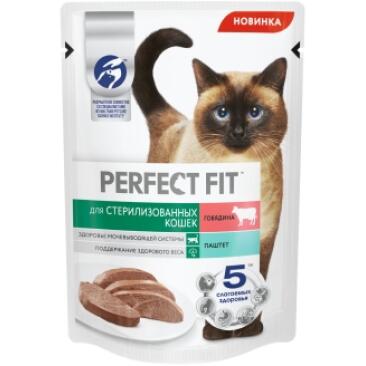 75гр Корм для кошек Perfect Fit для стерилизованных паштет с Говядиной