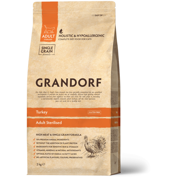 2кг Корм GRANDORF CAT Turkey&Rice STERILISED низкозерновой для стерилизованных кошек с индейкой и рисом