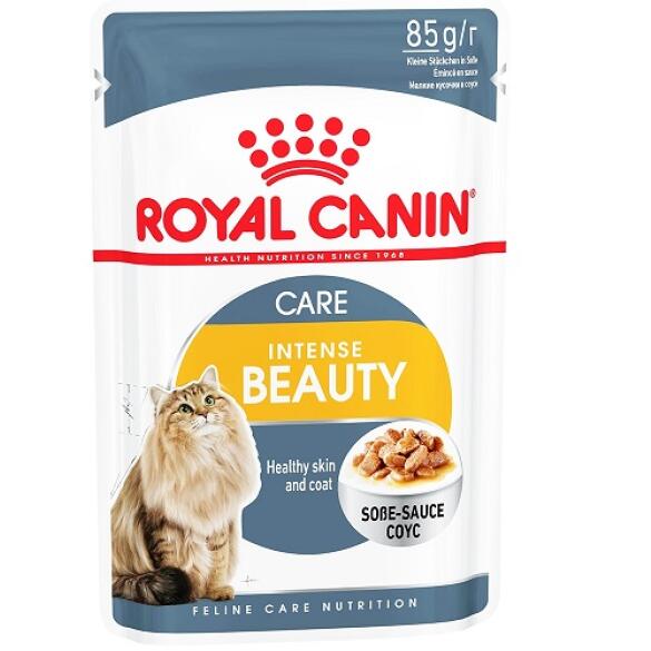 85гр Влажный корм ROYAL CANIN Intense Beauty для взрослых кошек, поддержания красоты шерсти и здоровья кожи, в соусе (пауч)