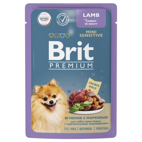 85гр Корм Brit Premium для собак мини пород с чувствительным пищеварением с ягнёнком и морковью в соусе