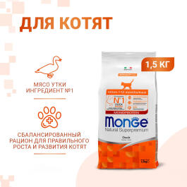 1,5кг Корм Monge Cat Monoprotein Kitten Duck Монопротеиновый для котят и беременных кошек с Уткой