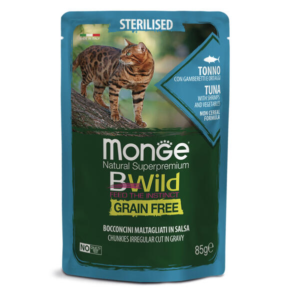 85гр Влажный корм Monge Cat BWild Grain Free Sterilised Tuna/vegetables беззерновой для стерилизованных кошек с Тунцом, креветками и овощами (пауч)