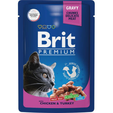 85гр Корм для взрослых кошек Brit Premium Цыпленок и Индейка в соусе
