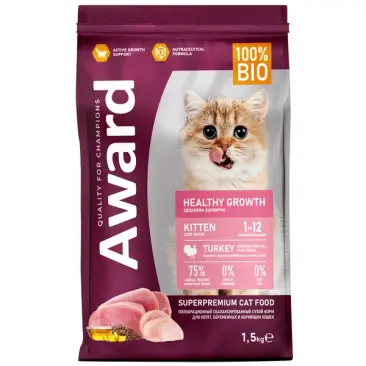 1,5кг Корм Award Healthy growth для котят от 1 месяца, беременных и кормящих кошек с Индейкой и Курицей с добавлением рыбьего жира и семян льна