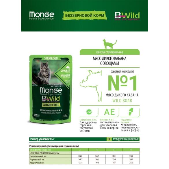 85гр Влажный корм Monge Cat BWild Grain Free Sterilised Boar/vegetables беззерновой для стерилизованных кошек с Кабаном и овощами (пауч)