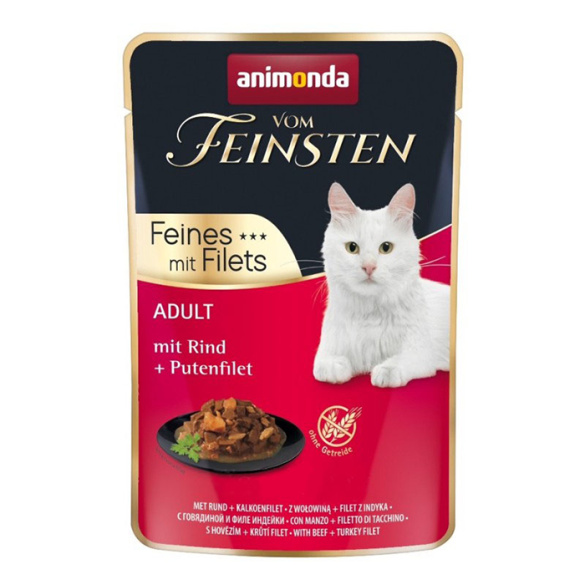 85гр Консервы Animonda Vom Feinsten Adult Filet для взрослых кошек с говядиной и филе индейки, кусочки в соусе (пауч)