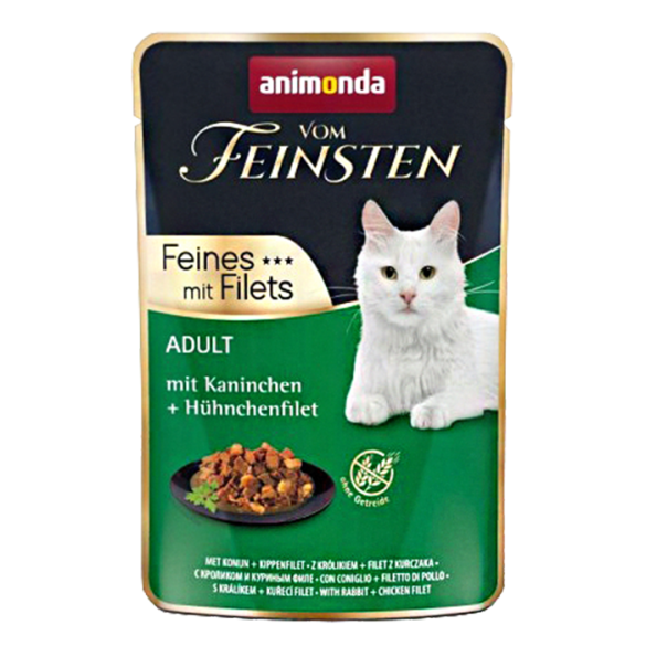 85гр Консервы Animonda Vom Feinsten Adult Filet для взрослых кошек с кроликом и филе курицы, кусочки в соусе (пауч)
