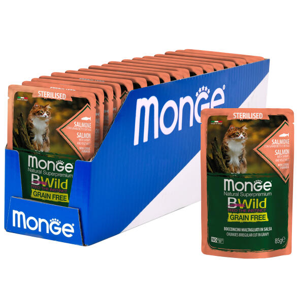 85гр Влажный корм Monge Cat BWild Grain Free Sterilised Salmon/vegetables беззерновой для стерилизованных кошек с Лососем, креветками и овощами (пауч)