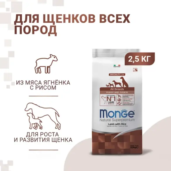 2,5кг Корм Monge Dog Monoprotein Puppy&Junior Lamb/Rice для щенков всех пород c Ягненком и рисом