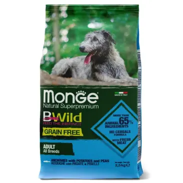 2,5кг Корм Monge Dog BWild Grain Free Adult Anchovies/Potatoes беззерновой для взрослых собак всех пород с Анчоусом и картофелем