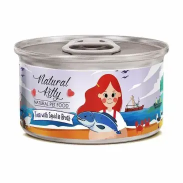 80гр Консервы Pettric Natural Kitty для кошек, Тунец с кальмаром в бульоне