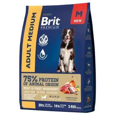 3кг Корм Brit Premium Dog Adult Medium для собак средних пород, Индейка с телятиной