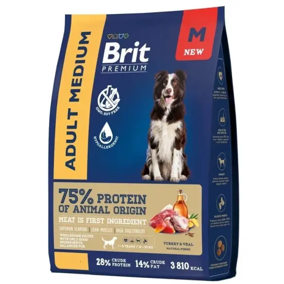 3кг Корм Brit Premium Dog Adult Medium для собак средних пород, Индейка с телятиной