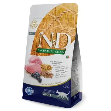 1,5кг Корм Farmina N&D Ancestral Grain Cat Lamb & Blueberry Adult низкозерновой для взрослых кошек с Ягненком и черникой