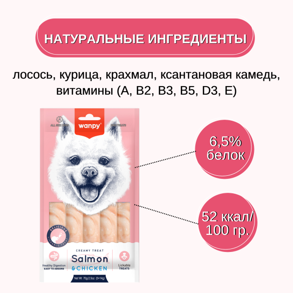 70гр Лакомство WANPY для собак «Нежное пюре» из лосося с курицей