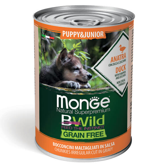 400гр Консервы Monge Dog BWild Grain Free Puppy&Junior Duck/Pumpkin для щенков всех пород с Уткой и тыквой
