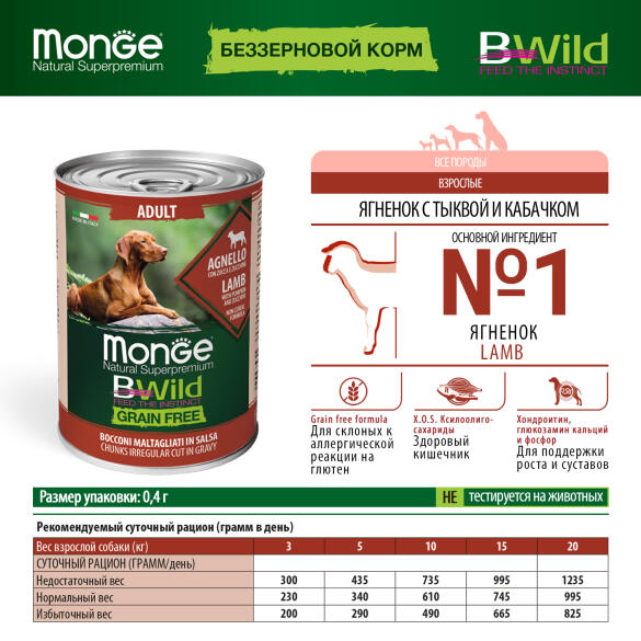 400гр Консервы Monge Dog BWild Grain Free Adult Lamb/Pumpkin&Zucchini для взрослых собак с Ягненком, тыквой и цукини