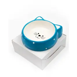 Миска керамическая HomePet в форме кошки, голубая, горох 12,5*12,5*3,8см, 180мл